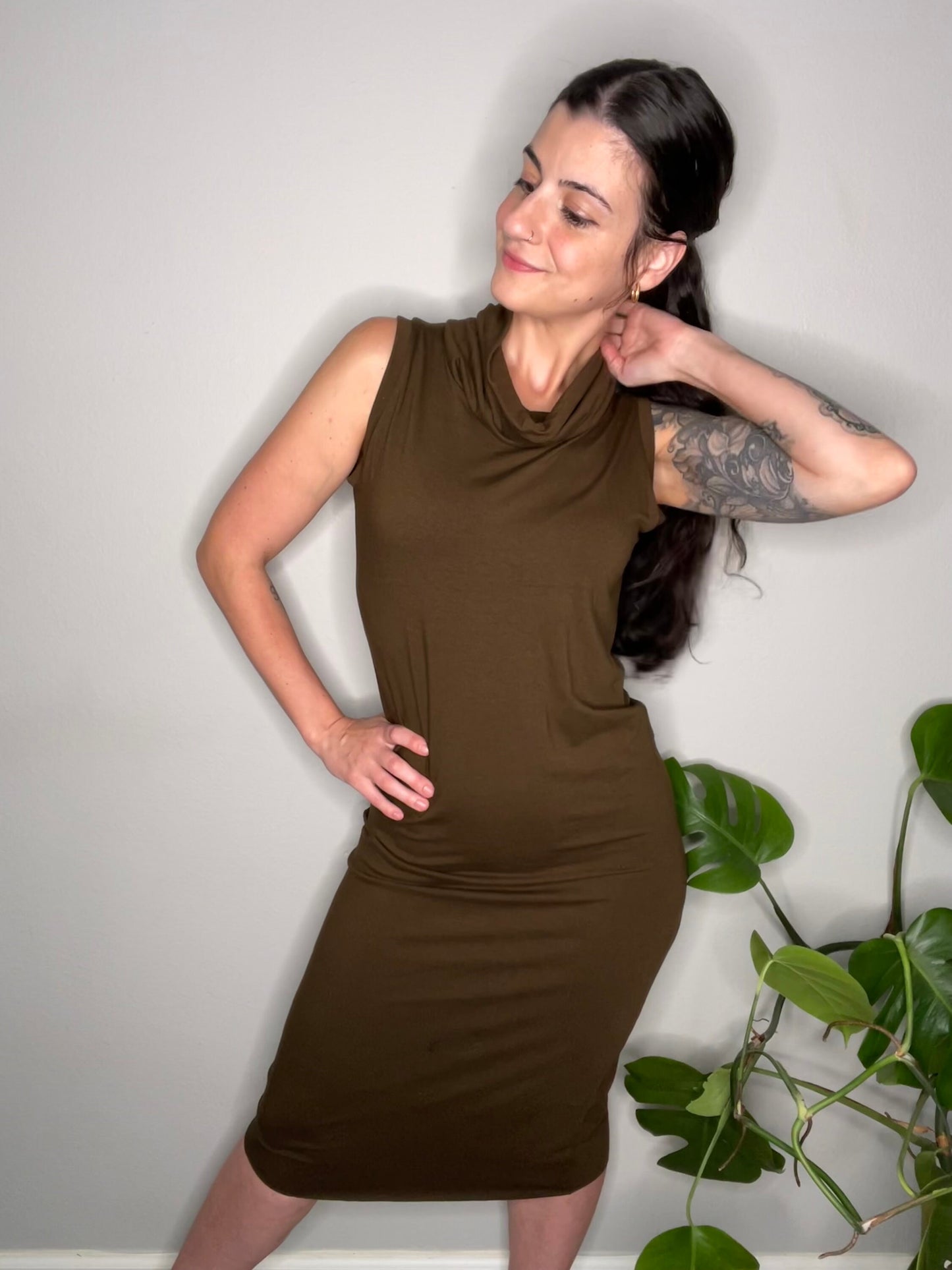 Ecofriendly Midcalf Cowlneck Sleeveless Dress