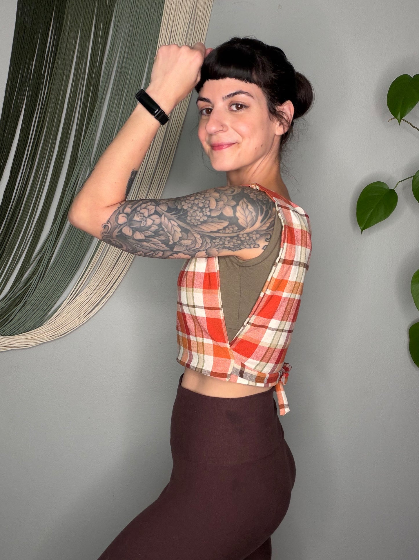 Plaid Print Square Side Tie Crop Top - Small/Medium