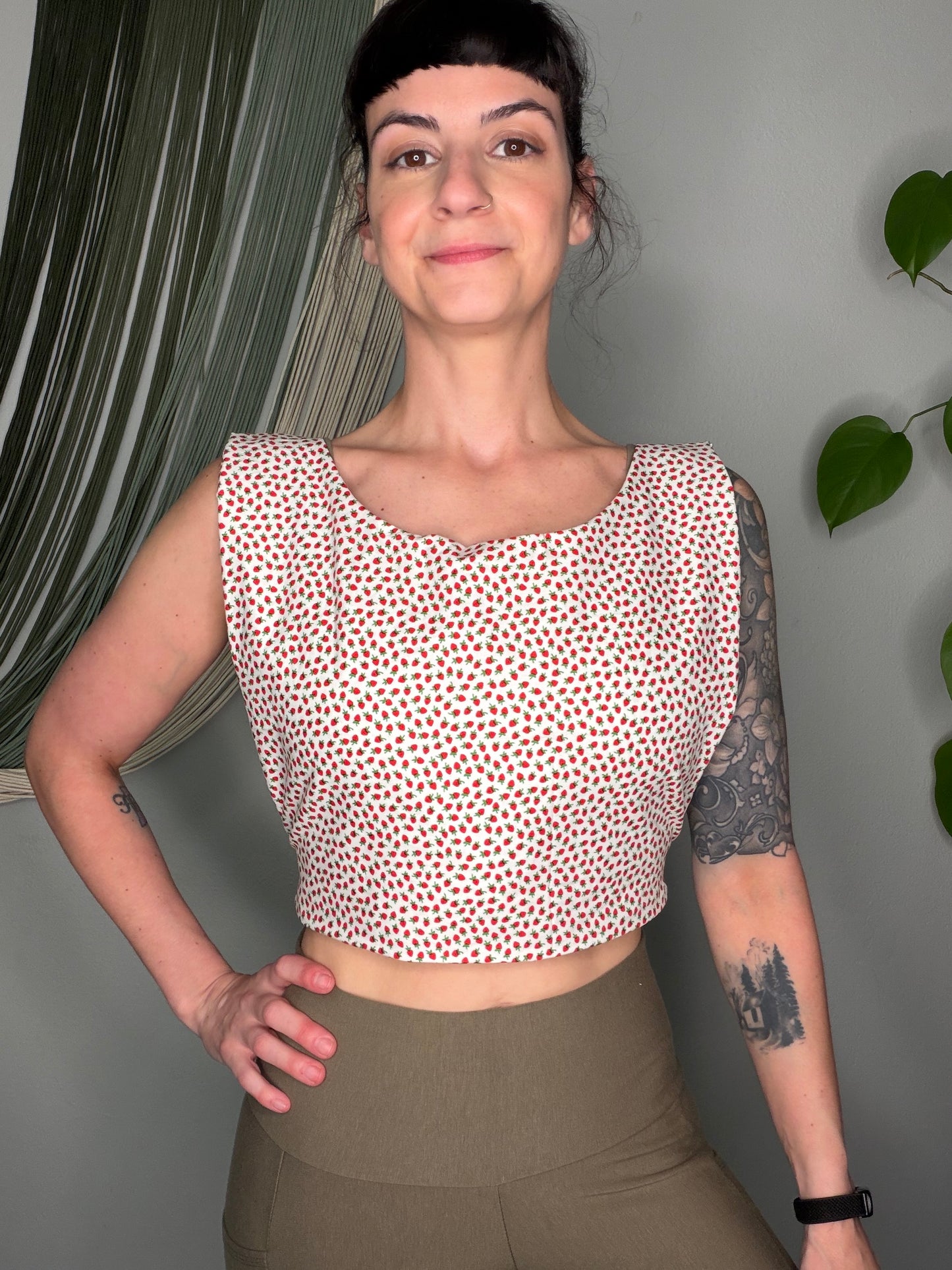 Strawberry Print Square Side Tie Crop Top - Small/Medium