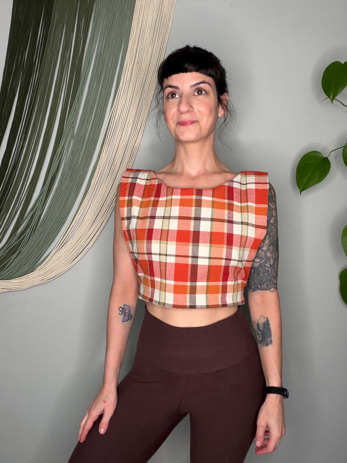 Plaid Print Square Side Tie Crop Top - Small/Medium