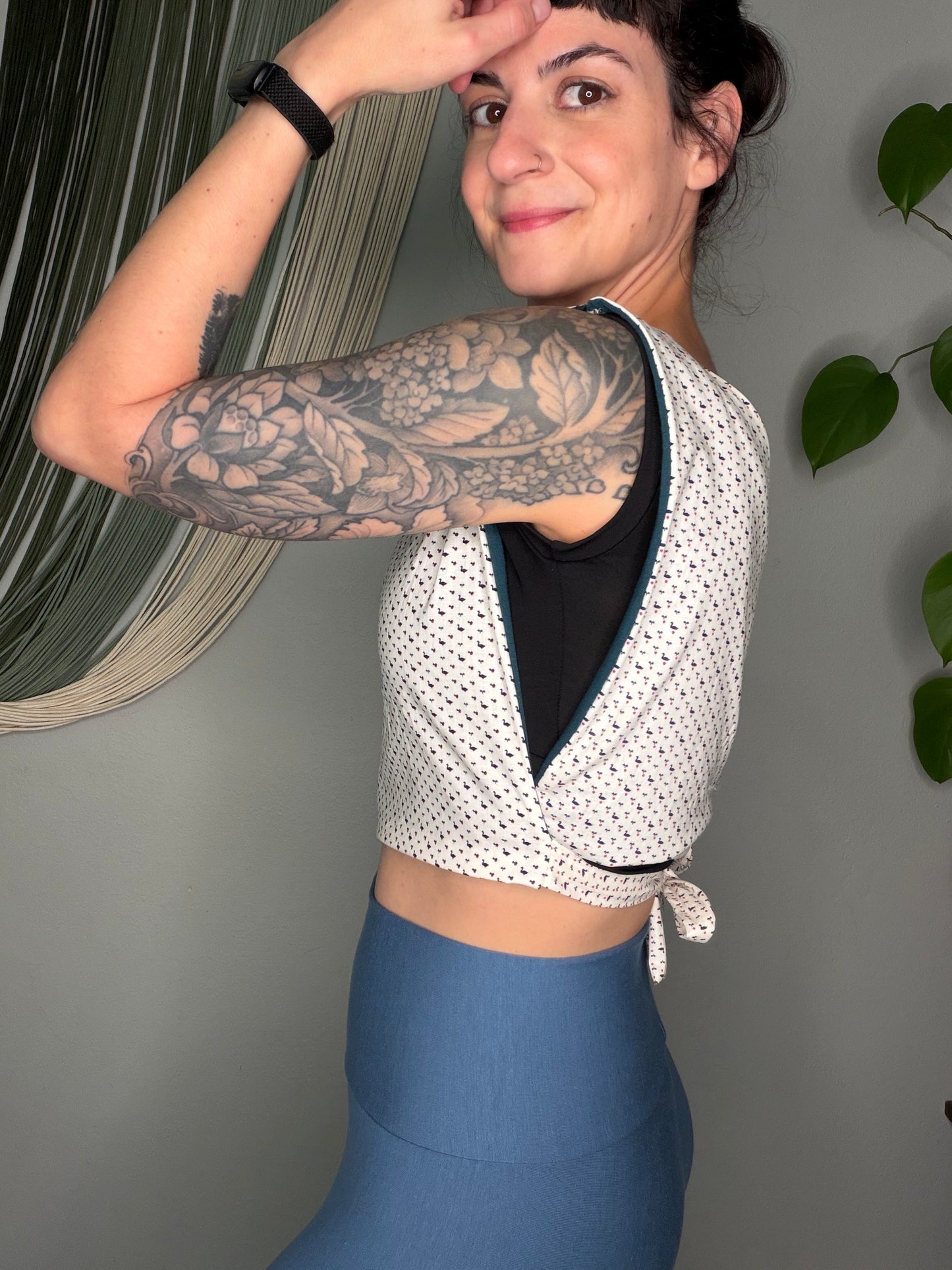 Duck Heart Print Square Side Tie Crop Top - Small/Medium