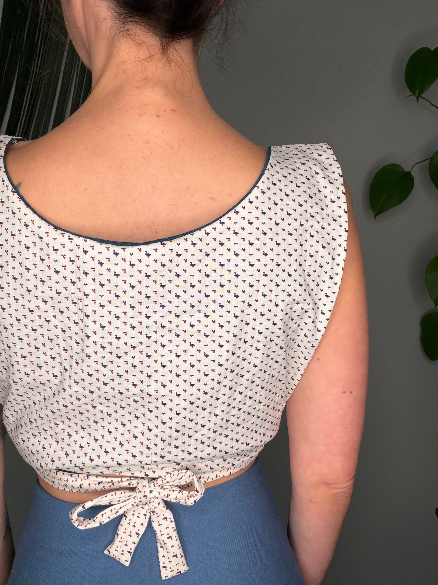 Duck Heart Print Square Side Tie Crop Top - Small/Medium