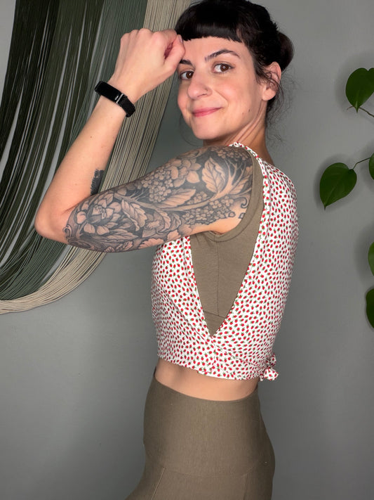 Strawberry Print Square Side Tie Crop Top - Small/Medium