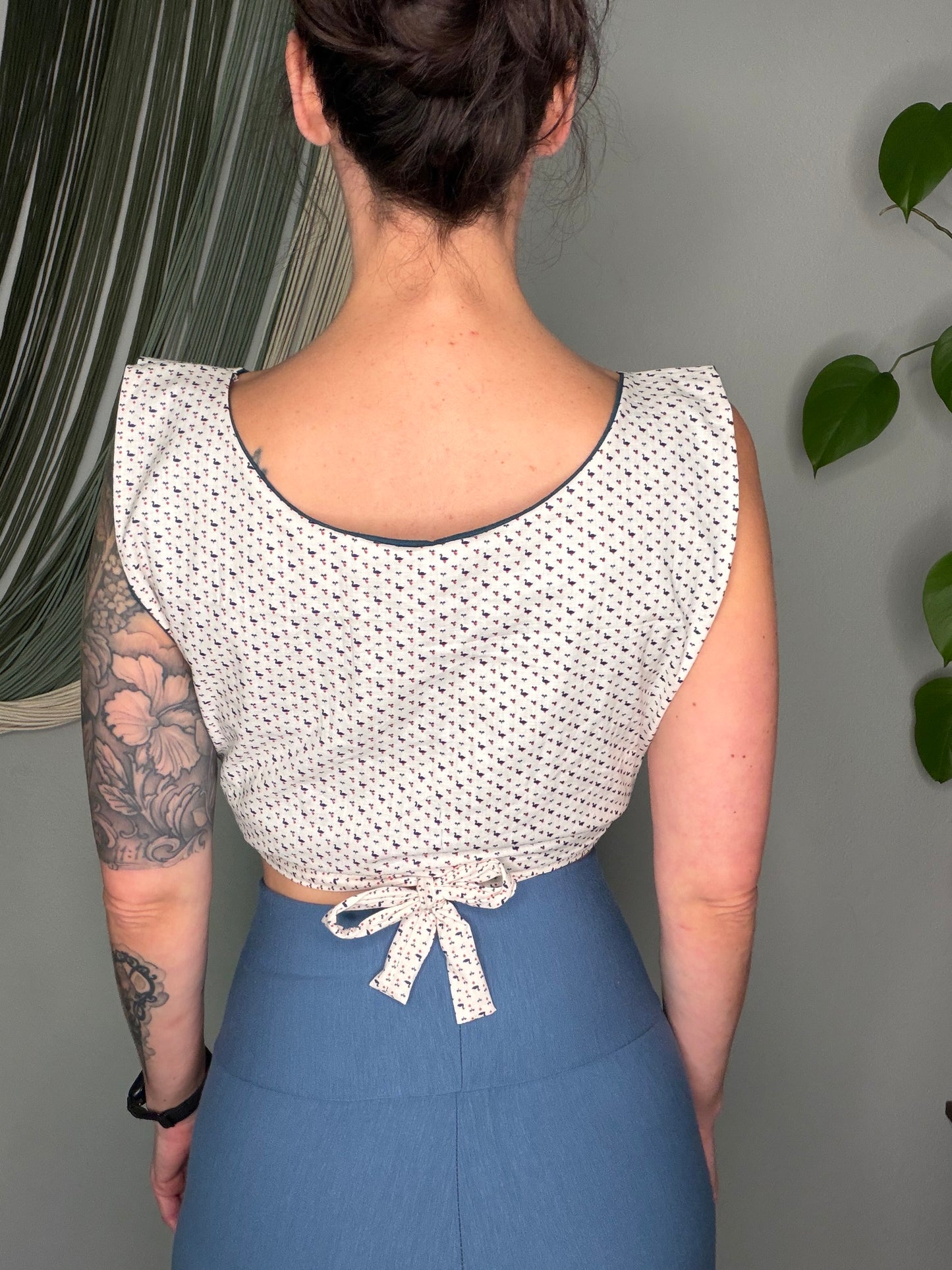 Duck Heart Print Square Side Tie Crop Top - Small/Medium