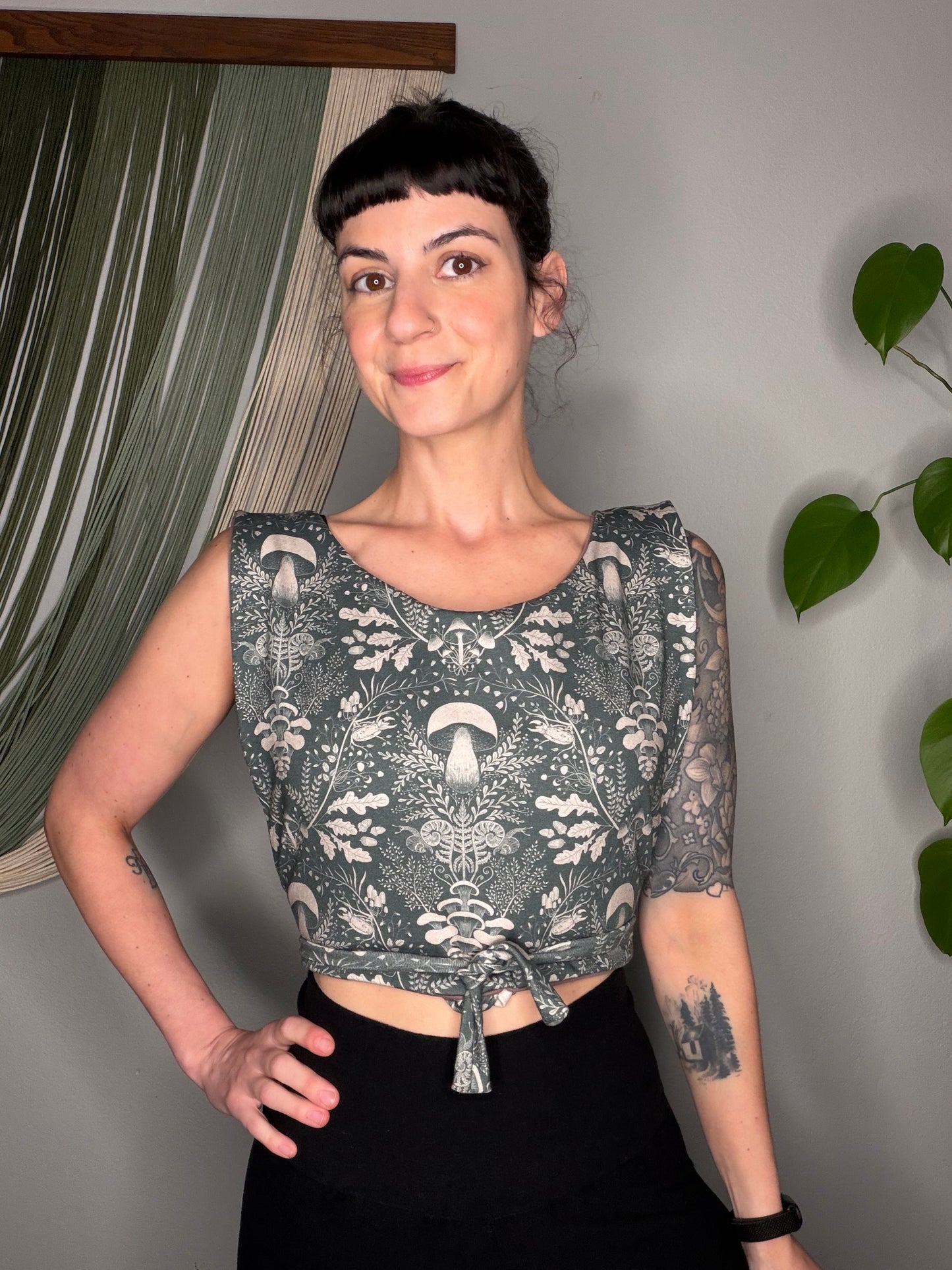 Mushroom Print Square Side Tie Crop Top - Small/Medium