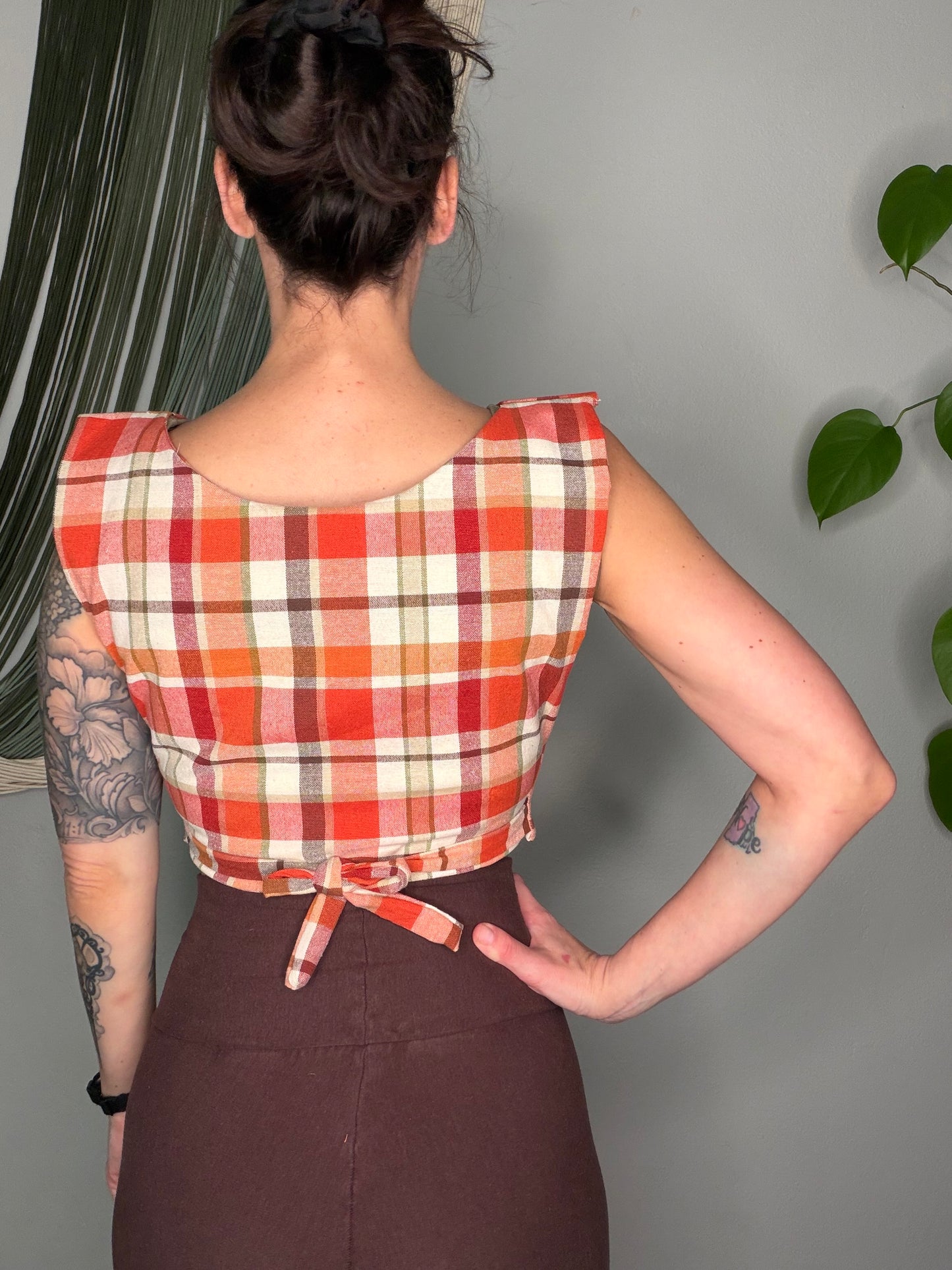 Plaid Print Square Side Tie Crop Top - Small/Medium