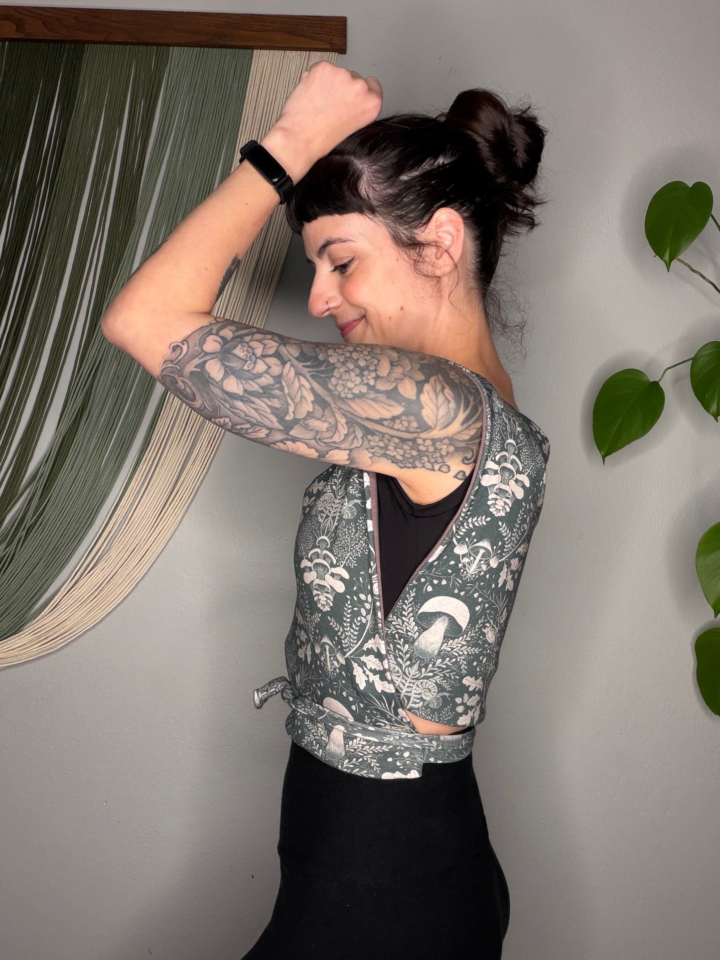 Mushroom Print Square Side Tie Crop Top - Small/Medium