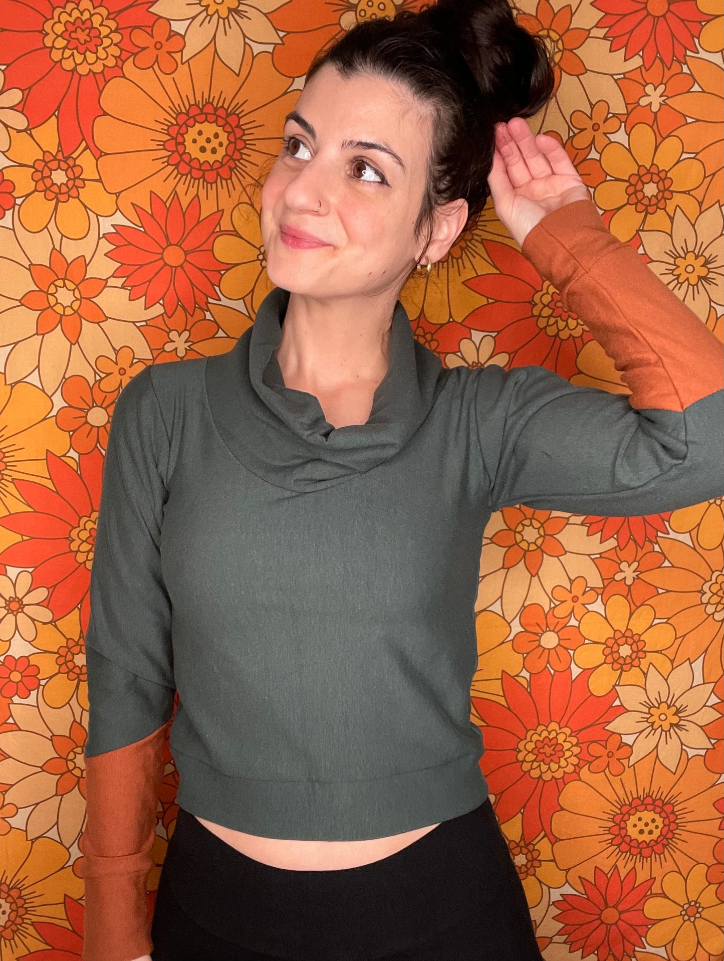 Bamboo Fleece Cowl Neck Crop Top - Small