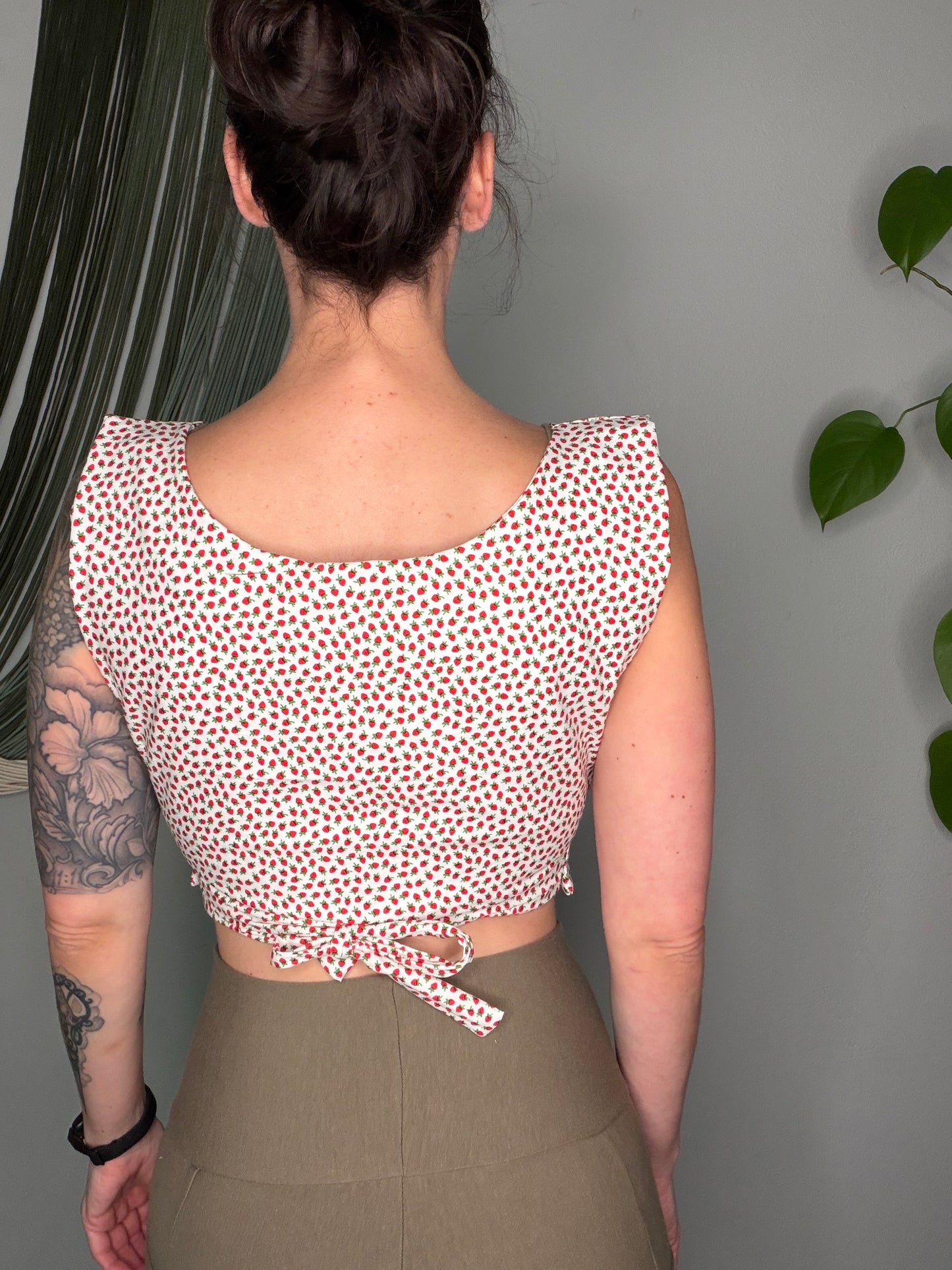 Strawberry Print Square Side Tie Crop Top - Small/Medium