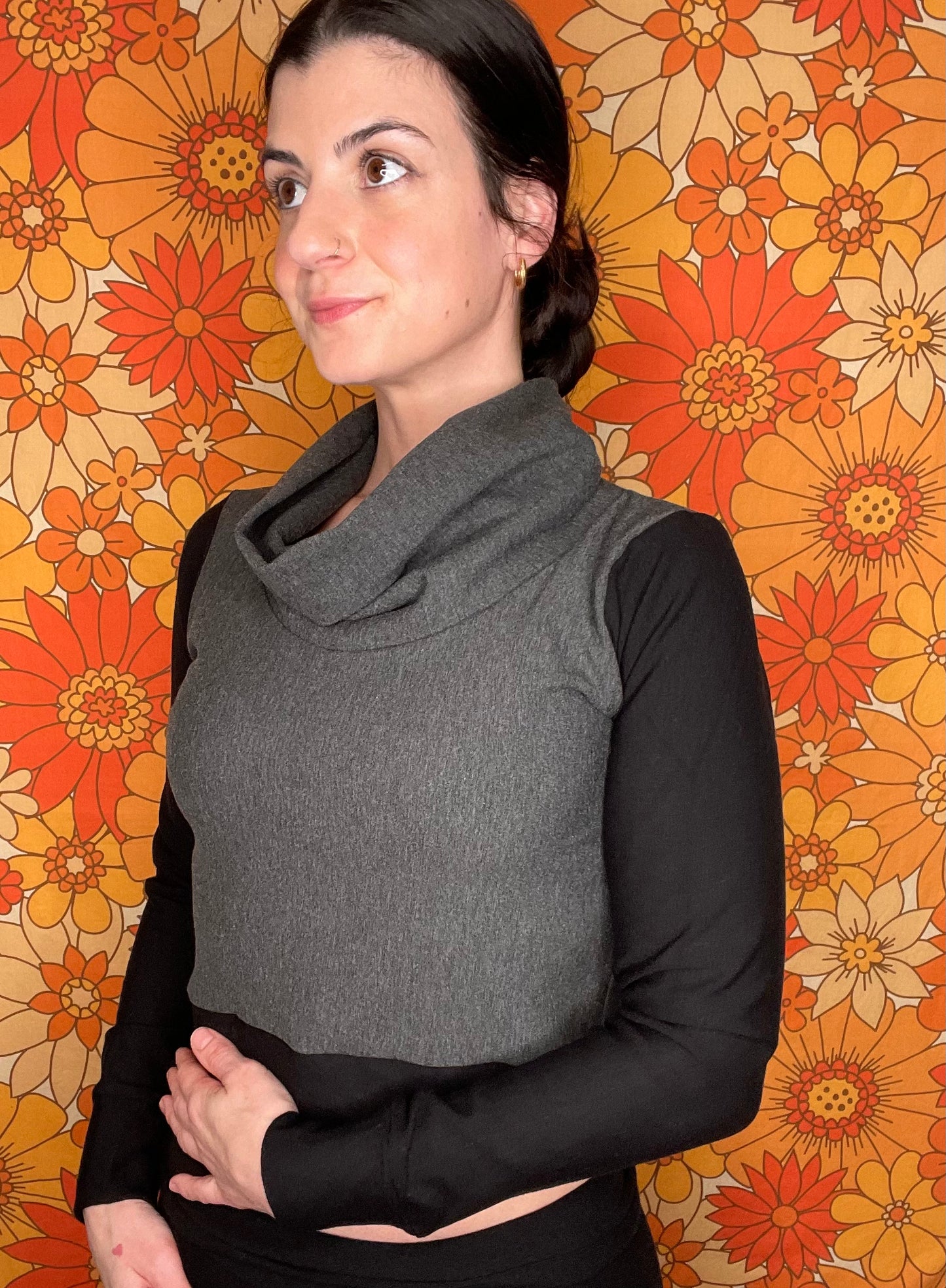 Bamboo Fleece Cowl Neck Crop Top - Small