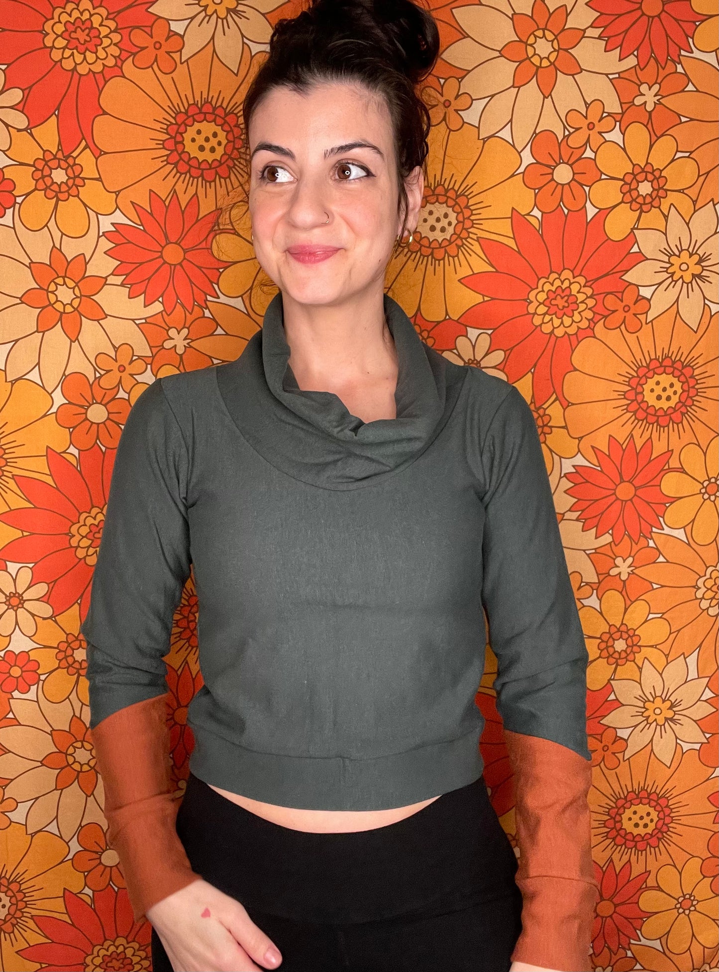 Bamboo Fleece Cowl Neck Crop Top - Small